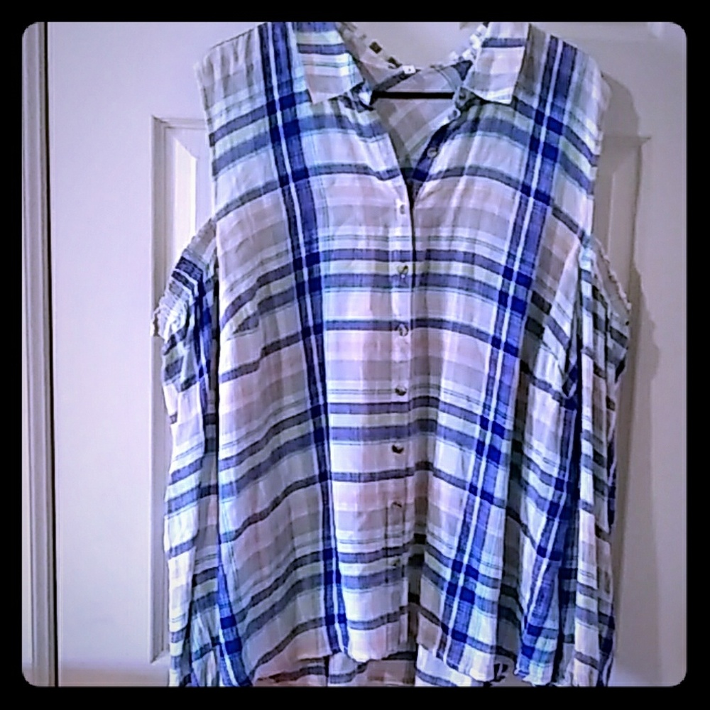 Multi Color Button Up Cold Shoulder Top